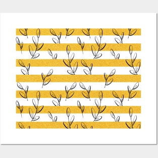 Gold Glitter Stripes with Leaves Pattern Posters and Art